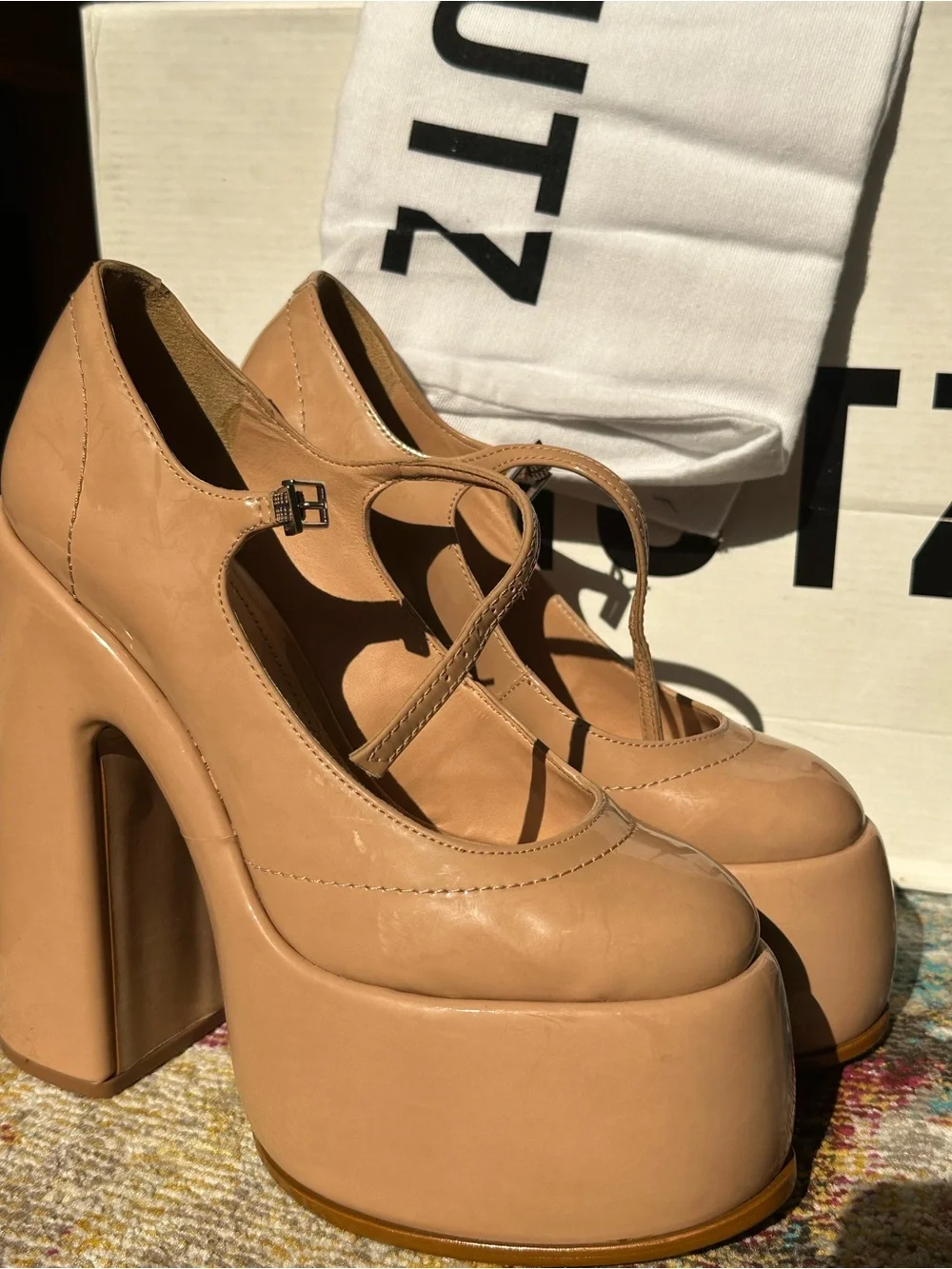 SCHUTZ Zayne Nude Patent Leather Platform Block Heel Pumps – Women’s Size 7